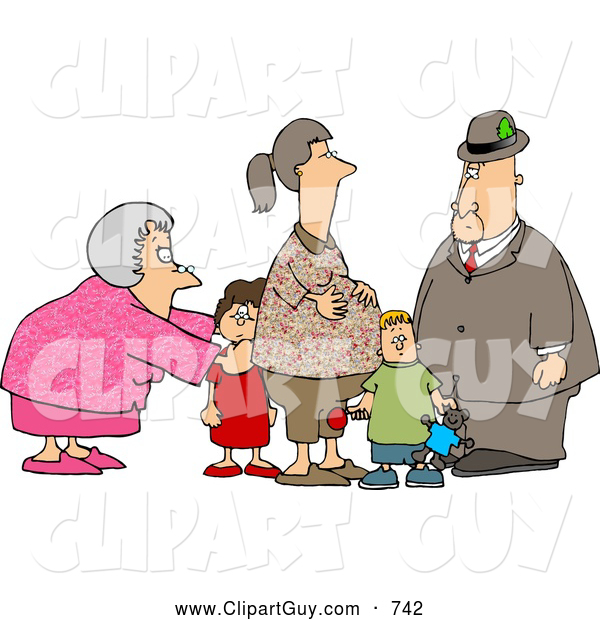 Clip Art of a Doting Grandma and Grandpa Standing with Grandchildren and Pregnant Daughter