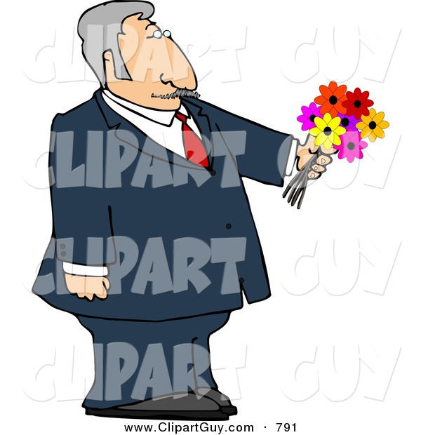 Clip Art of a Dressed up Caucasian Elderly Man Holding a Bouquet of Flowers for His Blind Date