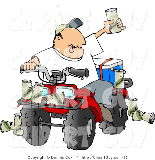 Clip Art of a Drunk Man Sitting on a Four Wheeled All-Terrain Vehicle and Holding up His Beer
