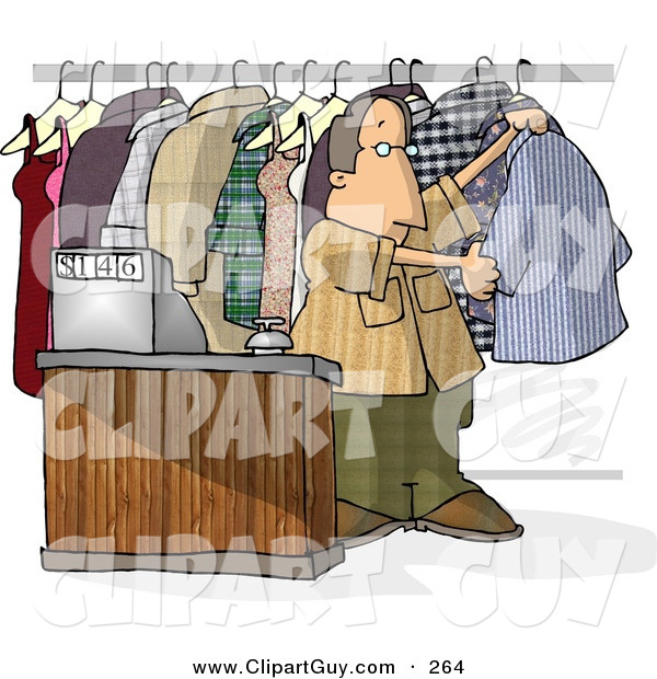 Clip Art of a Dry Cleaner Person Standing Beside Clothing and Cash Register