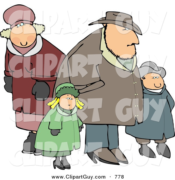 Clip Art of a Family of Four Going out Together During the Winter Season