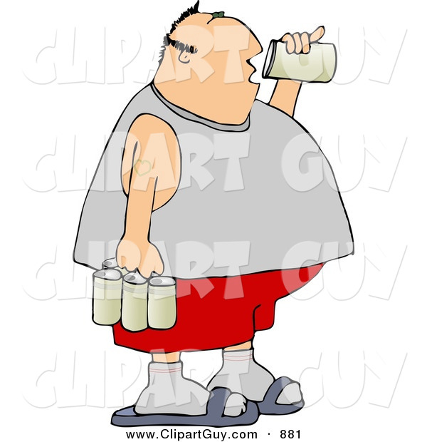 Clip Art of a Fat Man Drinking a Can of Beer from a Six Pack