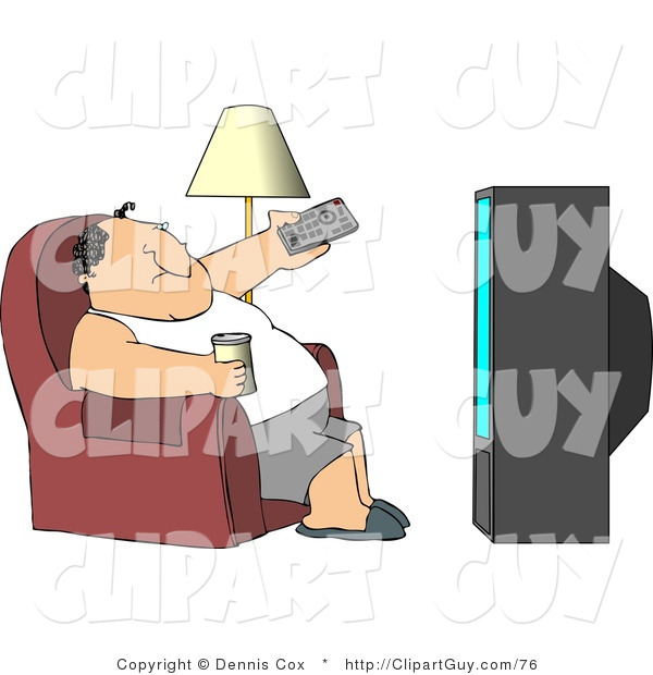 Clip Art of a Fat Man Sitting on a Couch, Channel Surfing the TV, and Drinking Beer