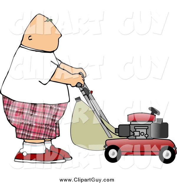 Clip Art of a Fat White Bald Man Mowing Lawn