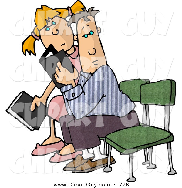 Clip Art of a Father and Daughter Sitting in Church, Holding Their Hymnals