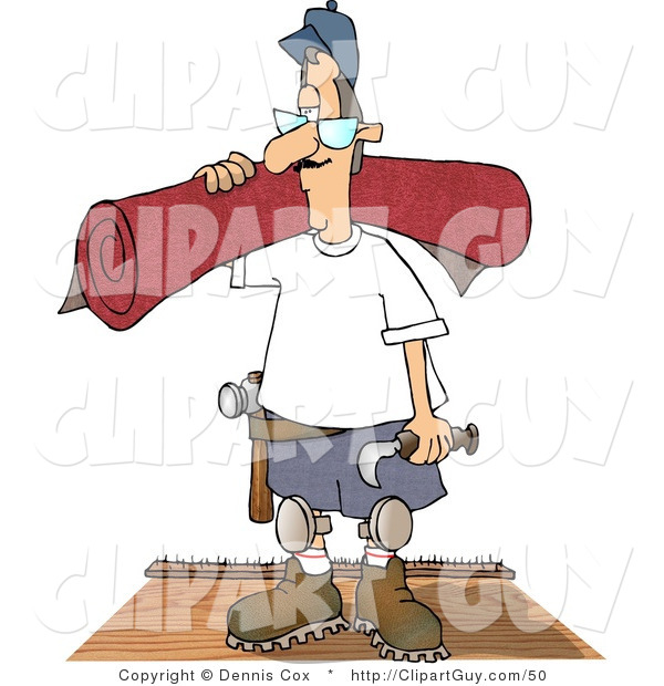 Clip Art of a Floor Worker Man Installing New Red Carpet in a House
