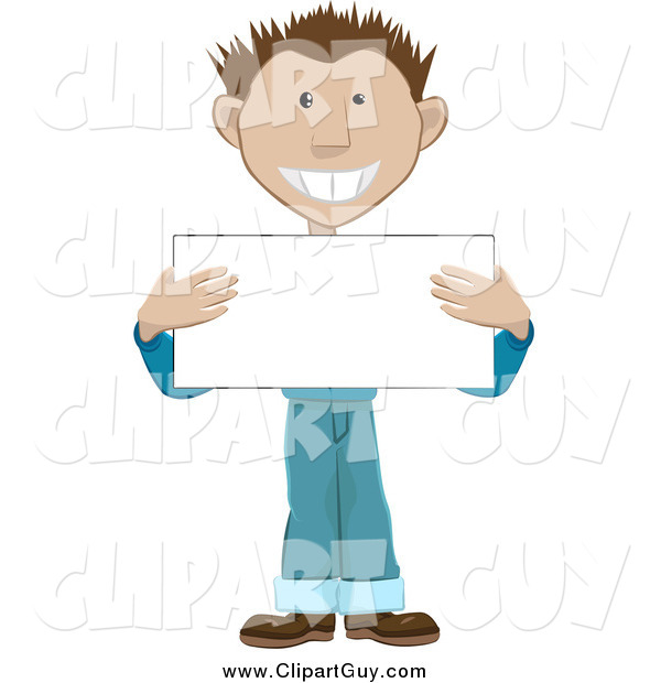 Clip Art of a Friendly Brunette Guy Holding a Blank Placard Sign