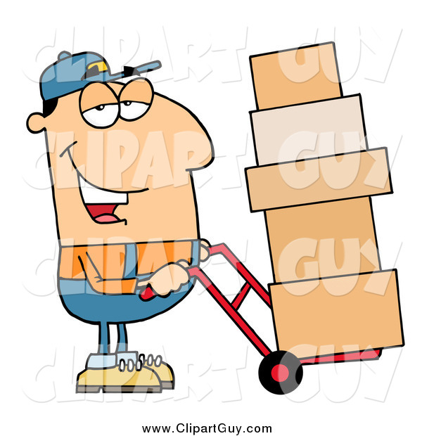 Clip Art of a Friendly White Delivery Man Using a Dolly to Move Boxes