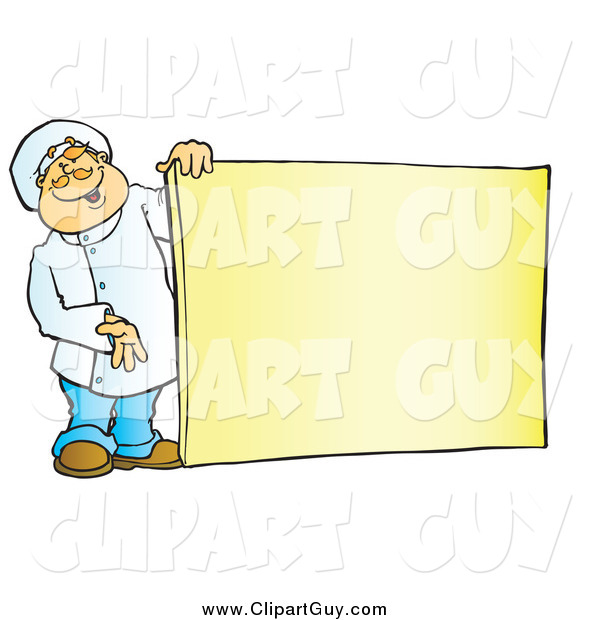 Clip Art of a Friendly White Male Chef Holding a Blank Sign Board