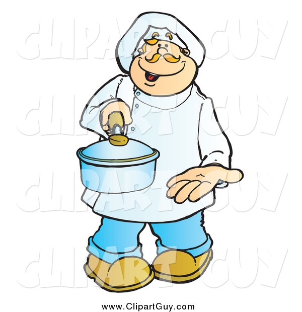 Clip Art of a Friendly White Male Chef Holding out a Sauce Pan