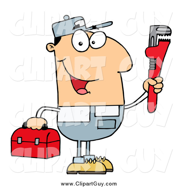 Clip Art of a Friendly White Plumber Man Carrying a Wrench and Tool Box