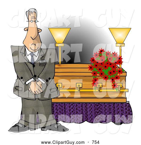 Clip Art of a Funeral Director Man Standing Beside a Casket