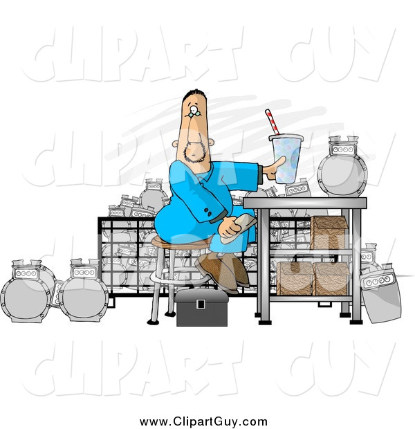 Clip Art of a Gas Meter Repair Man Sitting in His Shop Eating Lunch