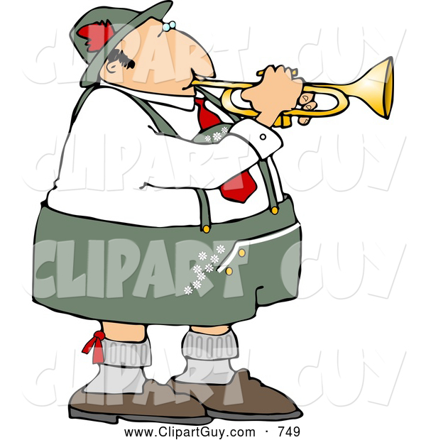 Clip Art of a German Trumpet Player Wearing Gray and White Cotton Lederhosen Clothing