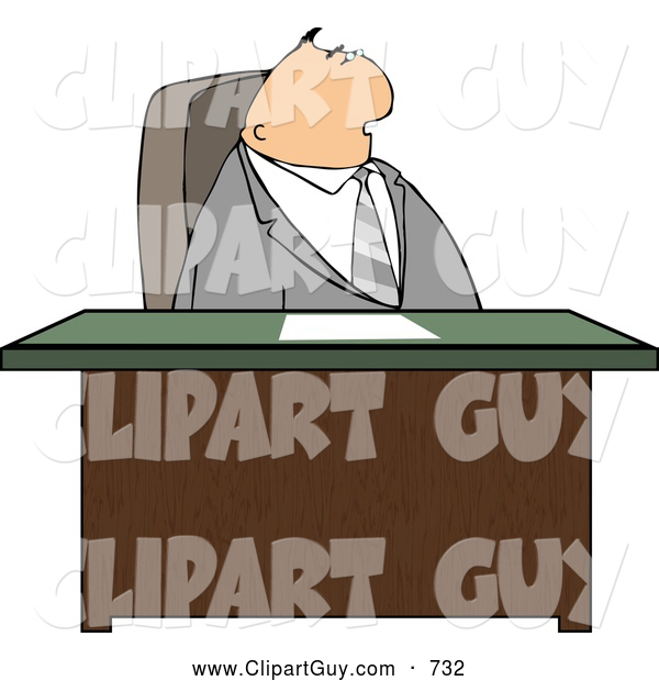 Clip Art of a Gray Suited Male Attorney Sitting Behind His Business Desk in His Lonely Office
