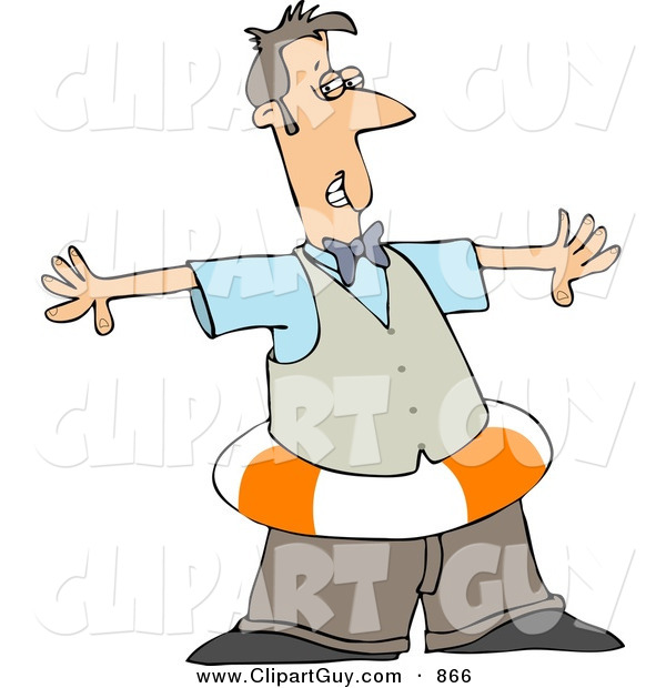 Clip Art of a Grinning Man Wearing a Life Preserver Around His Waist