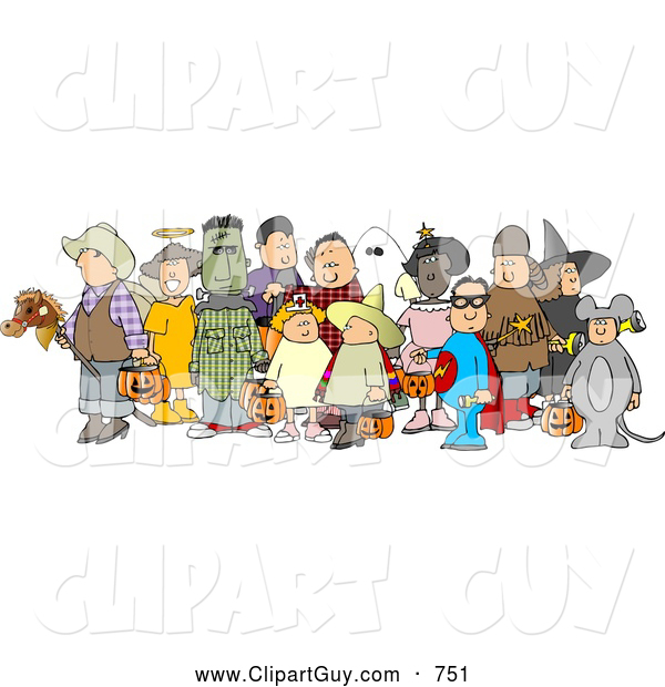 Clip Art of a Group of Adults and Children Wearing Halloween Costumes on White