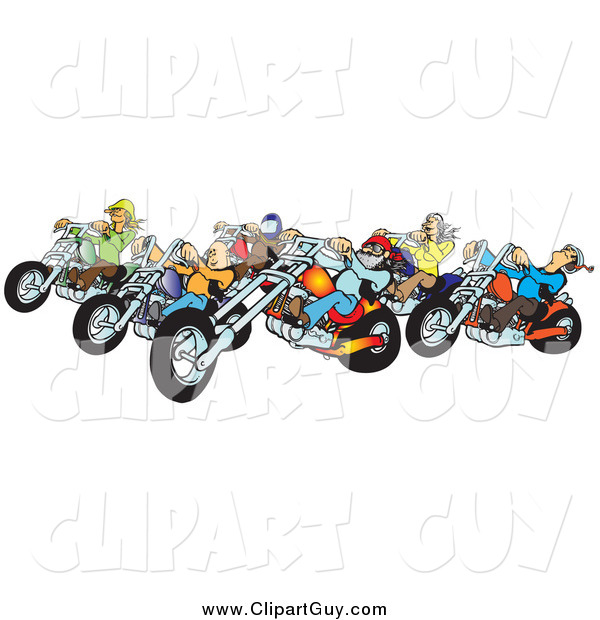 Clip Art of a Group of Biker Chicks and Dudes with Colorful Choppers