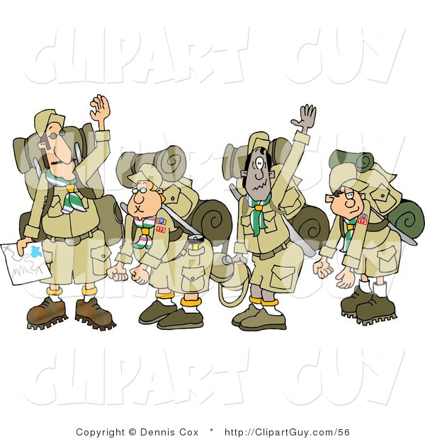 Clip Art of a Group of Boy Scouts Wearing Hiking Gear and Waving Their Hands Goodbye