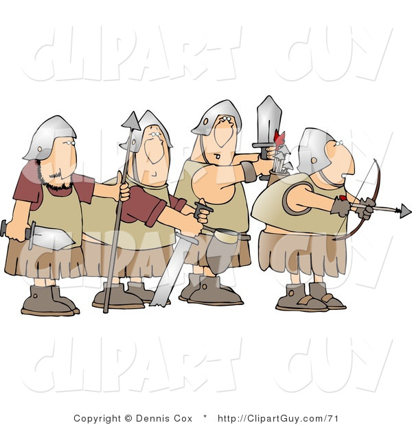 Clip Art of a Group of Four Roman Soldier Armed with Weapons and Ready for Battle