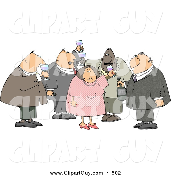Clip Art of a Group of Obese Men and a Woman Drinking Wine at a Party