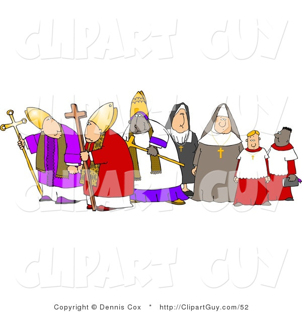 Clip Art of a Group of Religious Nuns and Bishops on a White Background