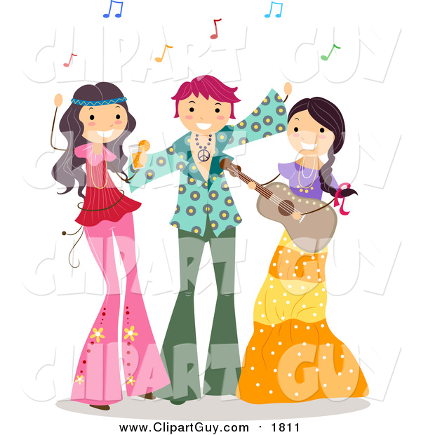 Clip Art of a Group of Teens at a Hippie Party