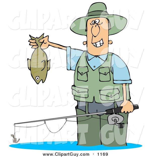 Clip Art of a Guy Wading in Water and Holding His Fishing Rod and Catch