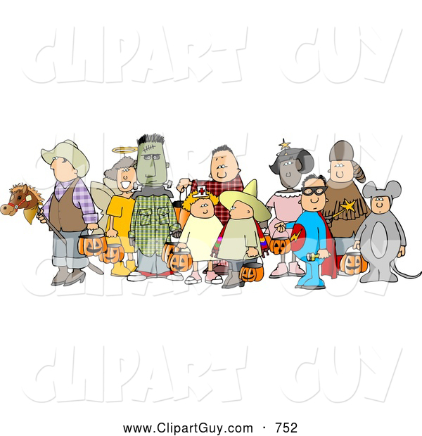 Clip Art of a Halloween Trick-or-treaters Standing Together As a Group in Their Costumes, on White