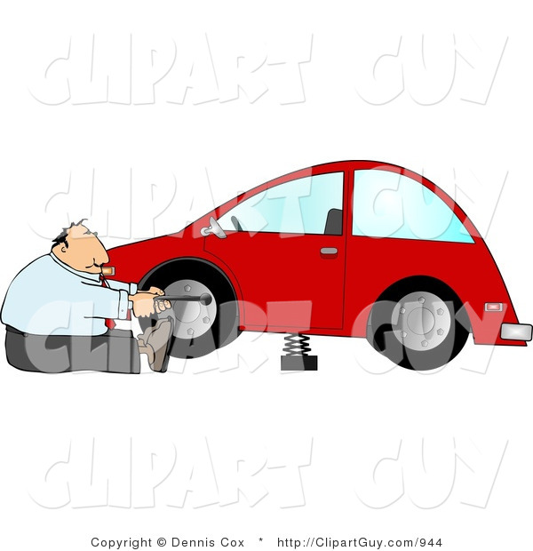 Clip Art of a Handy Businessman Changing a Flat Tire on a Red Compact Car