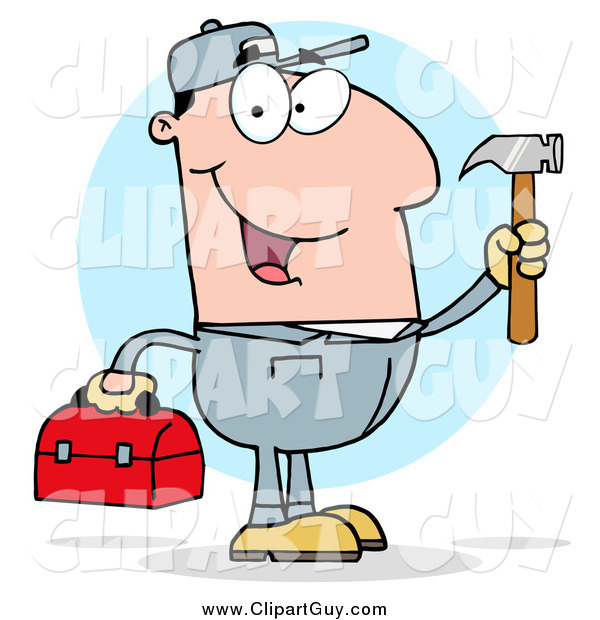 Clip Art of a Handy Man Holding a Hammer and Tool Box