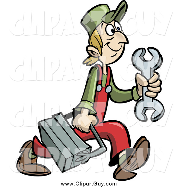 Clip Art of a Handy Man or Mechanic Carrying a Tool Box
