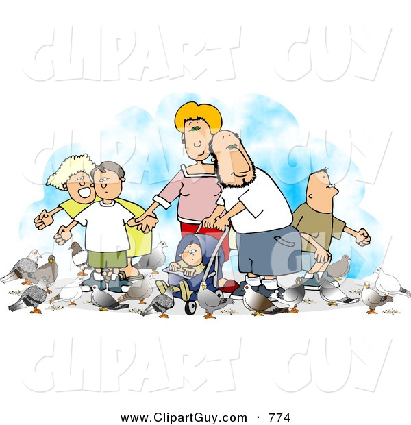 Clip Art of a Happy Family Feeding Pigeons at the Park