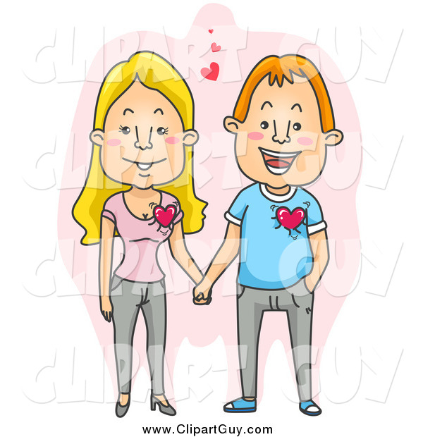 Clip Art of a Happy White Couple Holding Hands over Pink