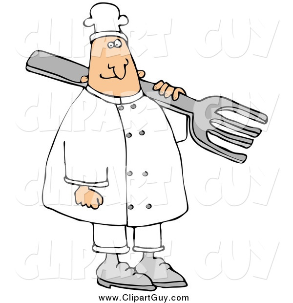 Clip Art of a Happy White Male Chef Carrying a Large Fork over His Shoulder