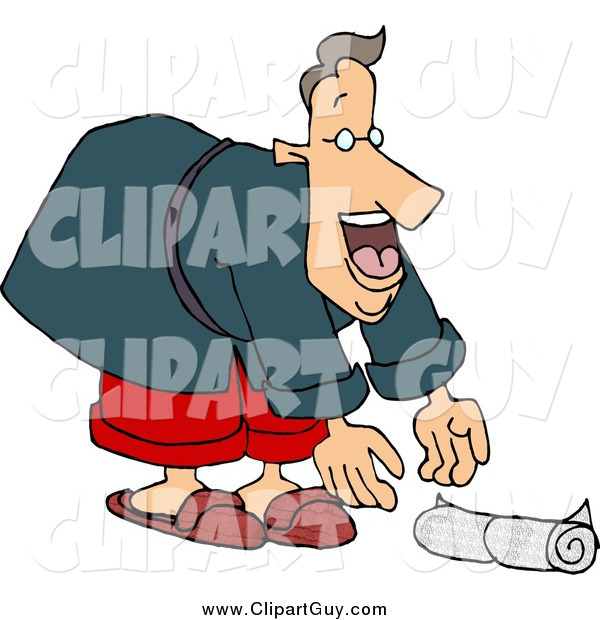 Clip Art of a Happy White Man Picking up the Morning Newspaper