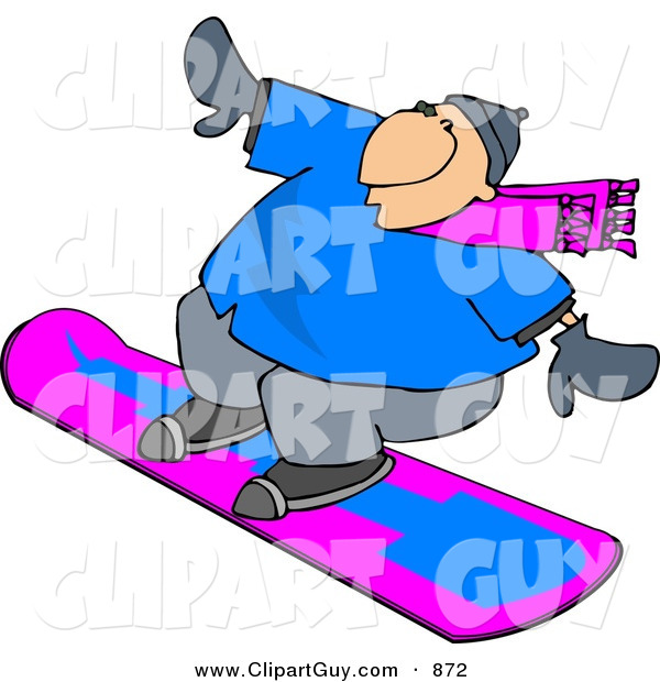 Clip Art of a Happy White Man Snowboarding down a Hill Covered with Snow During the Winter Season