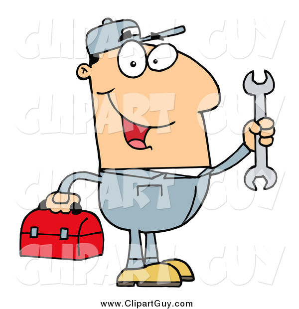 Clip Art of a Happy White Mechanic Man with a Tool Box and Wrench