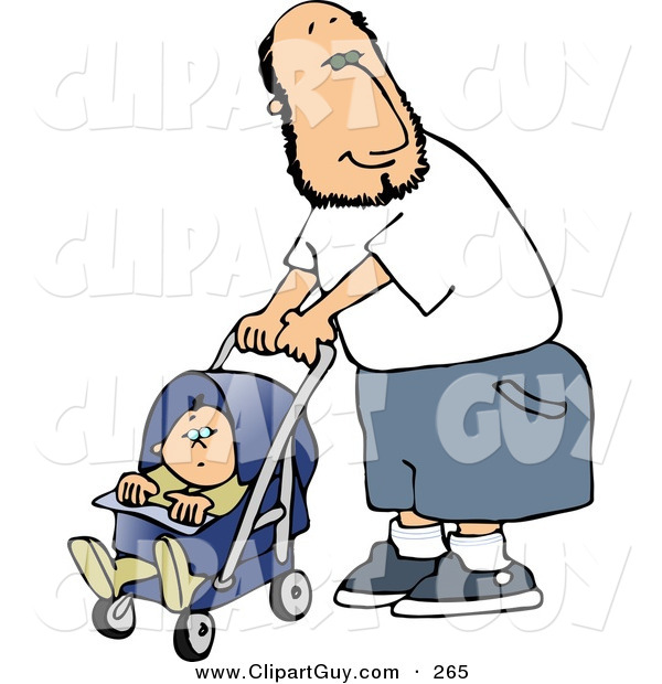 Clip Art of a Happy White Single Father Pushing His Baby Boy in a Stroller