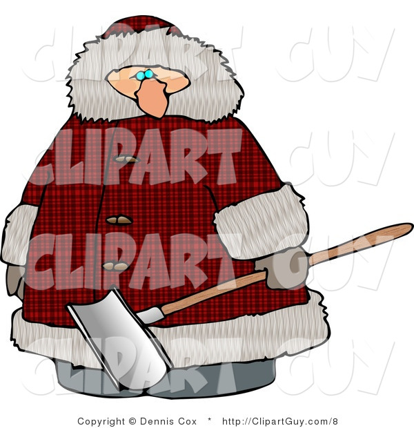 Clip Art of a Heavyset Man Wearing a Big Winter Coat and Holding a Snow Shovel