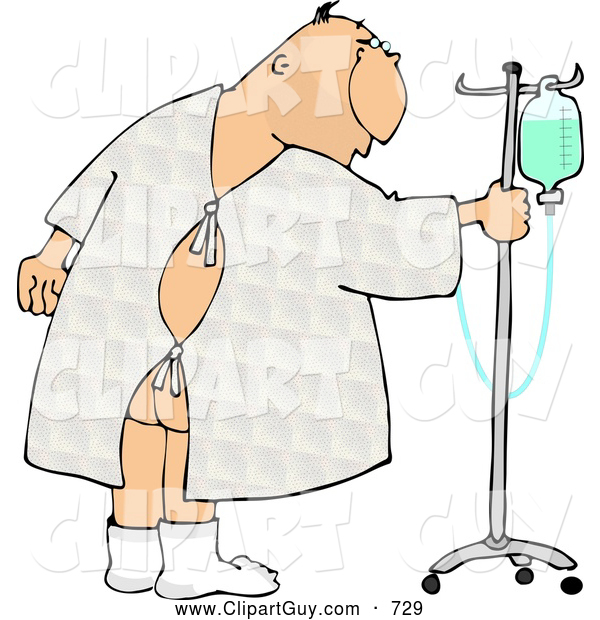 Clip Art of a Hospitalized Ill Caucasian Man Walking Around with an Intravenous (IV) Drip Line with Fluids