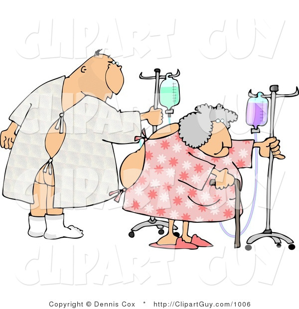 Clip Art of a Hospitalized Man and Woman Walking Around with an IV Drip