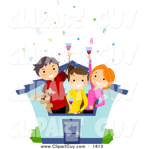 Clip Art of a House Warming Party with People Hanging out of a Window
