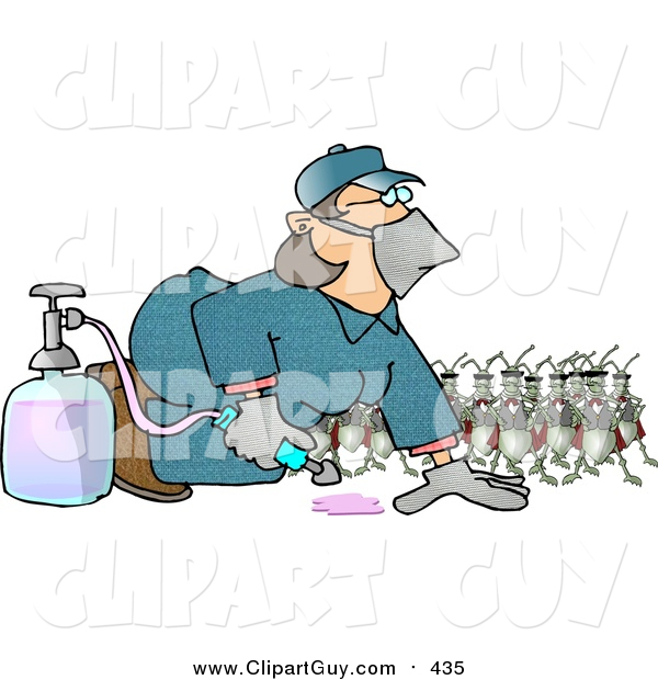 Clip Art of a Humorous Bugs Watching a Pest Control Exterminator Woman Test a Chemical Pesticide Substance