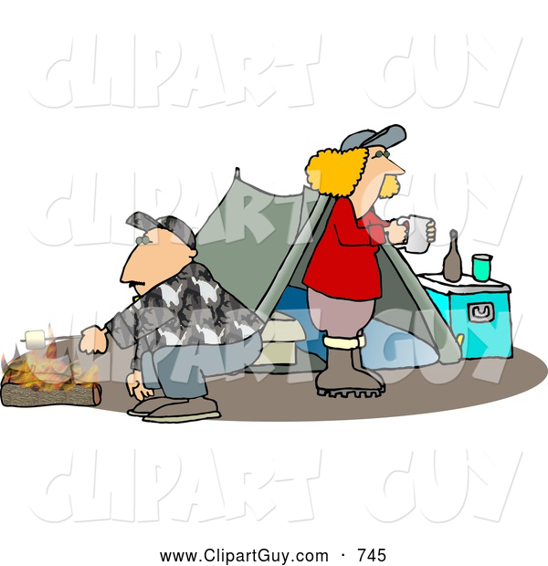 Clip Art of a Husband and Wife Camping Together Alone in the Woods