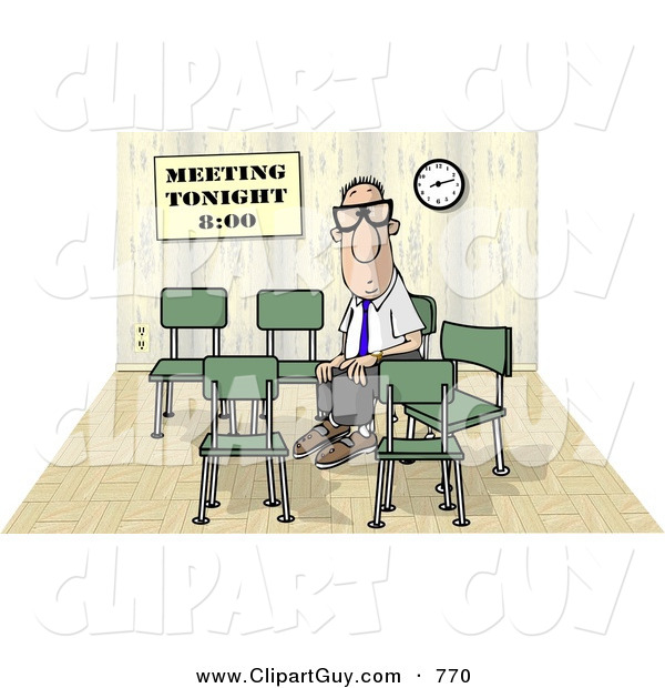 Clip Art of a Lonely Businessman Sitting and Waiting by Himself at a Meeting Which Was Scheduled for 8:00 on White