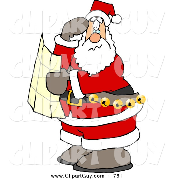 Clip Art of a Lost Santa Clause Holding a Map and Looking for Directions