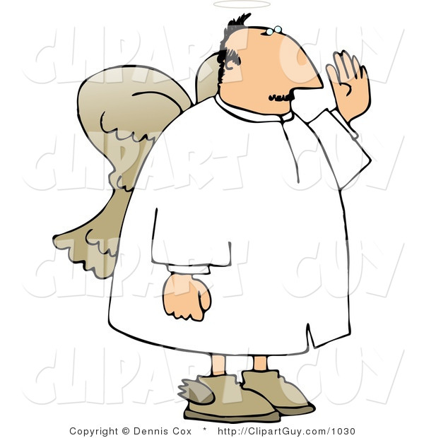 Clip Art of a Male Angel in a White Robe Swearing to God or Giving an Oath