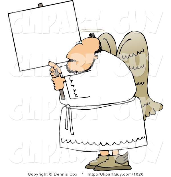 Clip Art of a Male Angel with Wings and Halo Holding a Blank White Sign