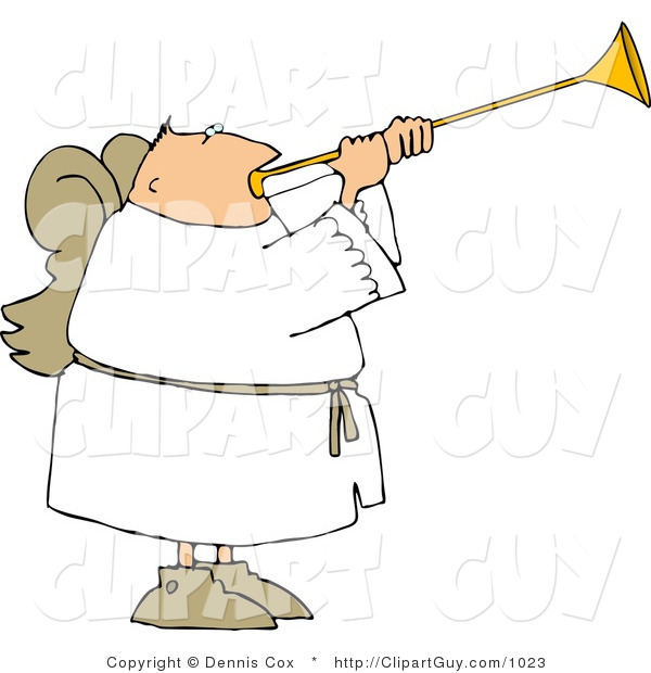 Clip Art of a Male Angel with Wings Blowing a Trumpet